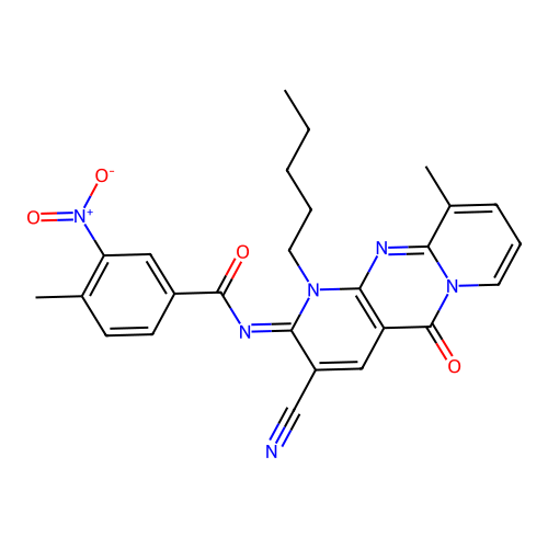 (E)-N-(3-cyano-10-methyl-5-oxo-1-pentyl-1H-dipyrido[1,2-a:2',3'-d]pyrimidin-2(5H)-ylidene)-4-methyl-3-nitrobenzamide structure