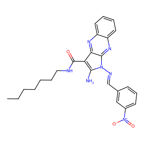 (E)-2-amino-N-heptyl-1-((3-nitrobenzylidene)amino)-1H-pyrrolo[2,3-b]quinoxaline-3-carboxamide structure