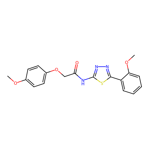 2-(4-methoxyphenoxy)-N-(5-(2-methoxyphenyl)-1,3,4-thiadiazol-2-yl)acetamide structure