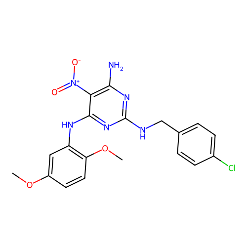 2-N-[(4-chlorophenyl)methyl]-4-N-(2,5-dimethoxyphenyl)-5-nitropyrimidine-2,4,6-triamine structure
