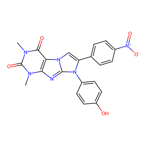 8-(4-hydroxyphenyl)-1,3-dimethyl-7-(4-nitrophenyl)-1H-imidazo[2,1-f]purine-2,4(3H,8H)-dione structure