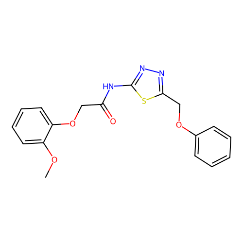 2-(2-methoxyphenoxy)-N-(5-(phenoxymethyl)-1,3,4-thiadiazol-2-yl)acetamide structure