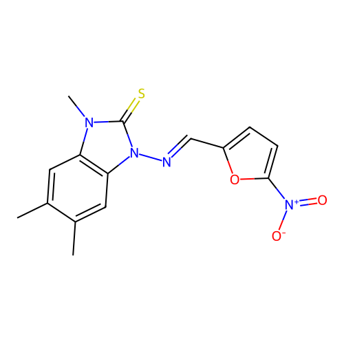 (E)-1,5,6-trimethyl-3-(((5-nitrofuran-2-yl)methylene)amino)-1H-benzo[d]imidazole-2(3H)-thione structure