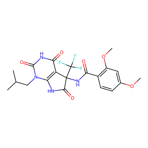N-(1-isobutyl-2,4,6-trioxo-5-(trifluoromethyl)-2,3,4,5,6,7-hexahydro-1H-pyrrolo[2,3-d]pyrimidin-5-yl)-2,4-dimethoxybenzamide structure