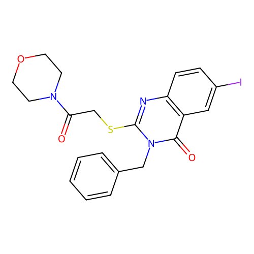 3-benzyl-6-iodo-2-{[2-(morpholin-4-yl)-2-oxoethyl]sulfanyl}quinazolin-4(3H)-one structure
