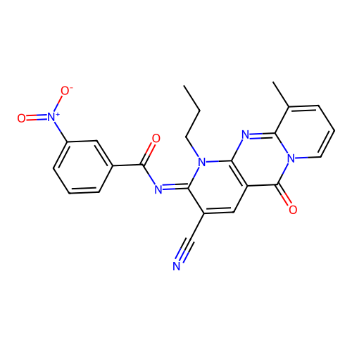 (E)-N-(3-cyano-10-methyl-5-oxo-1-propyl-1H-dipyrido[1,2-a:2',3'-d]pyrimidin-2(5H)-ylidene)-3-nitrobenzamide structure