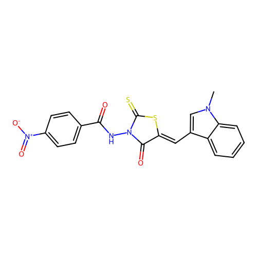 (Z)-N-(5-((1-methyl-1H-indol-3-yl)methylene)-4-oxo-2-thioxothiazolidin-3-yl)-4-nitrobenzamide structure