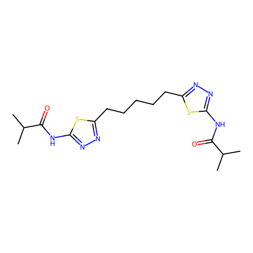 N,N'-(5,5'-(pentane-1,5-diyl)bis(1,3,4-thiadiazole-5,2-diyl))bis(2-methylpropanamide) structure