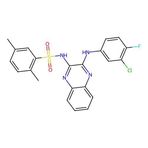 N-(3-((3-chloro-4-fluorophenyl)amino)quinoxalin-2-yl)-2,5-dimethylbenzenesulfonamide structure