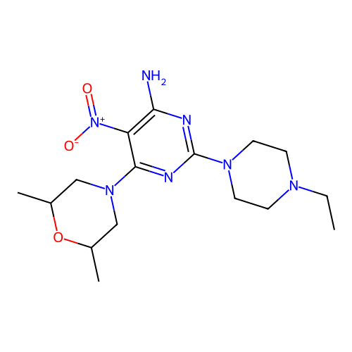 6-(2,6-dimethylmorpholin-4-yl)-2-(4-ethylpiperazin-1-yl)-5-nitropyrimidin-4-amine structure