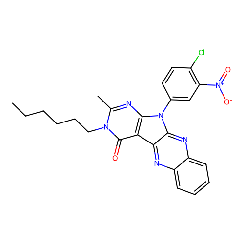 11-(4-chloro-3-nitrophenyl)-3-hexyl-2-methyl-3,11-dihydro-4H-pyrimido[5',4':4,5]pyrrolo[2,3-b]quinoxalin-4-one structure