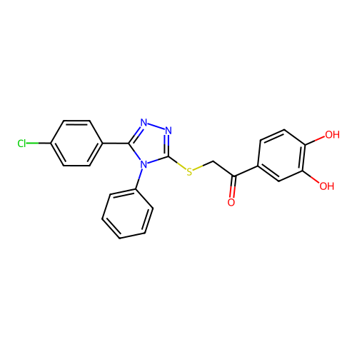 2-[[5-(4-chlorophenyl)-4-phenyl-1,2,4-triazol-3-yl]sulfanyl]-1-(3,4-dihydroxyphenyl)ethanone structure