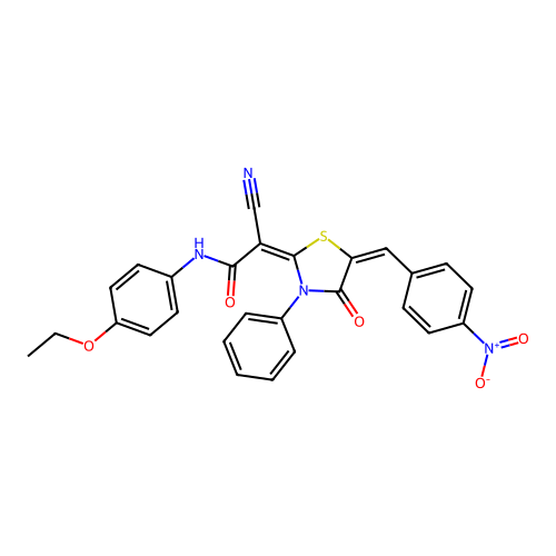 (2E)-2-cyano-N-(4-ethoxyphenyl)-2-[(5E)-5-(4-nitrobenzylidene)-4-oxo-3-phenyl-1,3-thiazolidin-2-ylidene]ethanamide structure