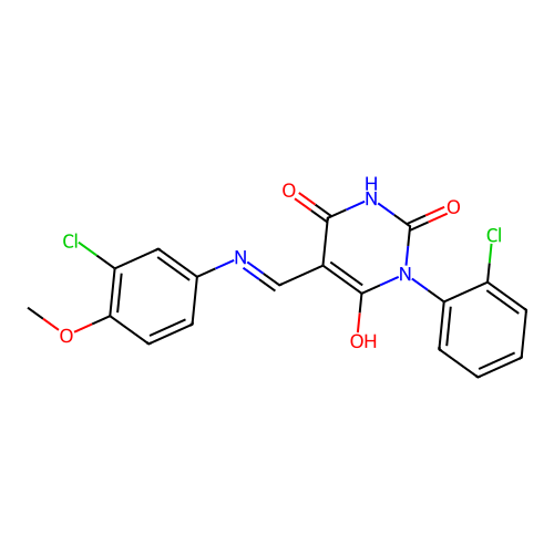 (E)-5-(((3-chloro-4-methoxyphenyl)amino)methylene)-1-(2-chlorophenyl)pyrimidine-2,4,6(1H,3H,5H)-trione structure