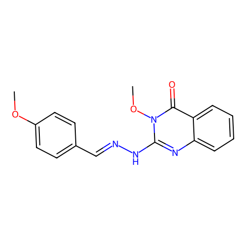 (E)-3-methoxy-2-(2-(4-methoxybenzylidene)hydrazinyl)quinazolin-4(3H)-one structure
