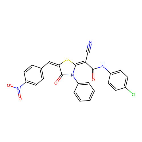 (E)-N-(4-chlorophenyl)-2-cyano-2-((E)-5-(4-nitrobenzylidene)-4-oxo-3-phenylthiazolidin-2-ylidene)acetamide structure