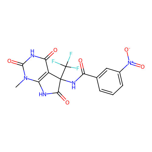 N-(1-methyl-2,4,6-trioxo-5-(trifluoromethyl)-2,3,4,5,6,7-hexahydro-1H-pyrrolo[2,3-d]pyrimidin-5-yl)-3-nitrobenzamide structure