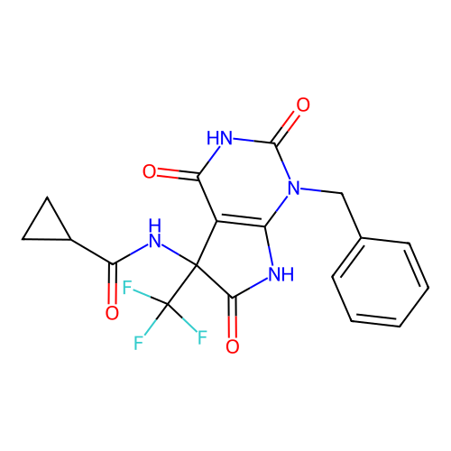 N-(1-benzyl-2,4,6-trioxo-5-(trifluoromethyl)-2,3,4,5,6,7-hexahydro-1H-pyrrolo[2,3-d]pyrimidin-5-yl)cyclopropanecarboxamide structure
