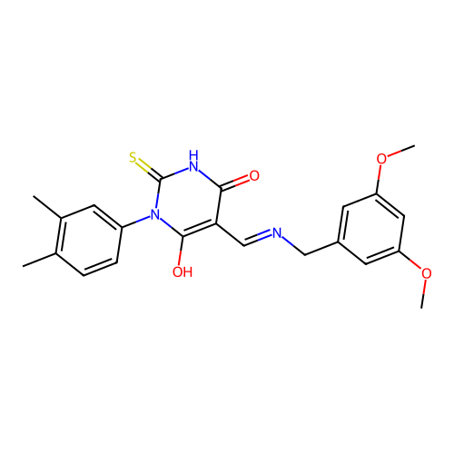 (5E)-5-[[(3,5-dimethoxyphenyl)methylamino]methylidene]-1-(3,4-dimethylphenyl)-2-sulfanylidene-1,3-diazinane-4,6-dione structure