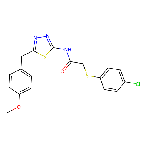 2-((4-chlorophenyl)thio)-N-(5-(4-methoxybenzyl)-1,3,4-thiadiazol-2-yl)acetamide structure