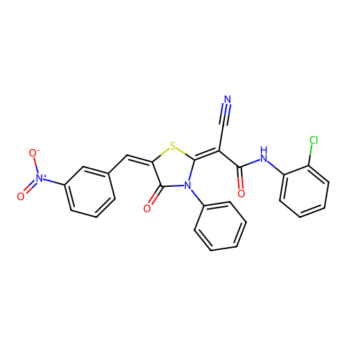 (E)-N-(2-chlorophenyl)-2-cyano-2-((E)-5-(3-nitrobenzylidene)-4-oxo-3-phenylthiazolidin-2-ylidene)acetamide structure