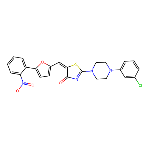 (5E)-2-[4-(3-chlorophenyl)piperazin-1-yl]-5-[[5-(2-nitrophenyl)furan-2-yl]methylidene]-1,3-thiazol-4-one structure