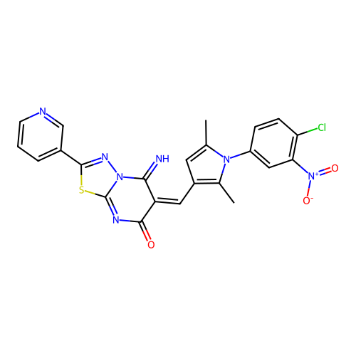 (E)-6-((1-(4-chloro-3-nitrophenyl)-2,5-dimethyl-1H-pyrrol-3-yl)methylene)-5-imino-2-(pyridin-3-yl)-5H-[1,3,4]thiadiazolo[3,2-a]pyrimidin-7(6H)-one structure