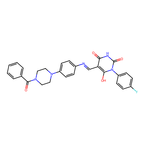 (5E)-3-(4-fluorophenyl)-6-hydroxy-5-[({4-[4-(phenylcarbonyl)piperazin-1-yl]phenyl}amino)methylidene]pyrimidine-2,4(3H,5H)-dione structure
