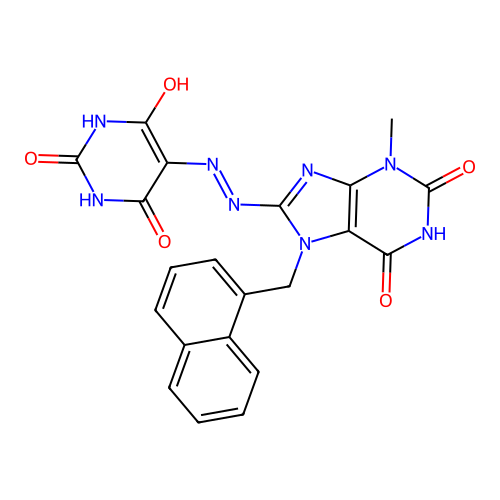 5-(2-(3-methyl-7-(naphthalen-1-ylmethyl)-2,6-dioxo-2,3,6,7-tetrahydro-1H-purin-8-yl)hydrazono)pyrimidine-2,4,6(1H,3H,5H)-trione structure