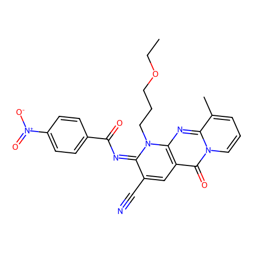 (E)-N-(3-cyano-1-(3-ethoxypropyl)-10-methyl-5-oxo-1H-dipyrido[1,2-a:2',3'-d]pyrimidin-2(5H)-ylidene)-4-nitrobenzamide structure