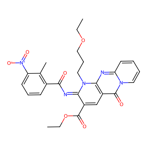 (Z)-ethyl 1-(3-ethoxypropyl)-2-((2-methyl-3-nitrobenzoyl)imino)-5-oxo-2,5-dihydro-1H-dipyrido[1,2-a:2',3'-d]pyrimidine-3-carboxylate structure