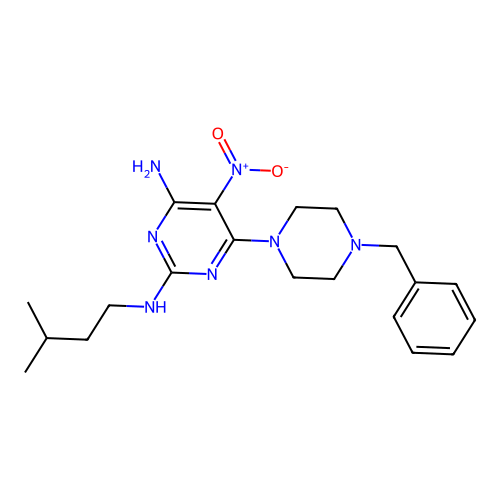 {4-Amino-5-nitro-6-[4-benzylpiperazinyl]pyrimidin-2-yl}(3-methylbutyl)amine structure