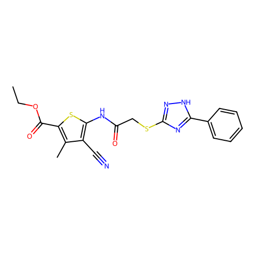 ethyl 4-cyano-3-methyl-5-[[2-[(5-phenyl-1H-1,2,4-triazol-3-yl)sulfanyl]acetyl]amino]thiophene-2-carboxylate structure