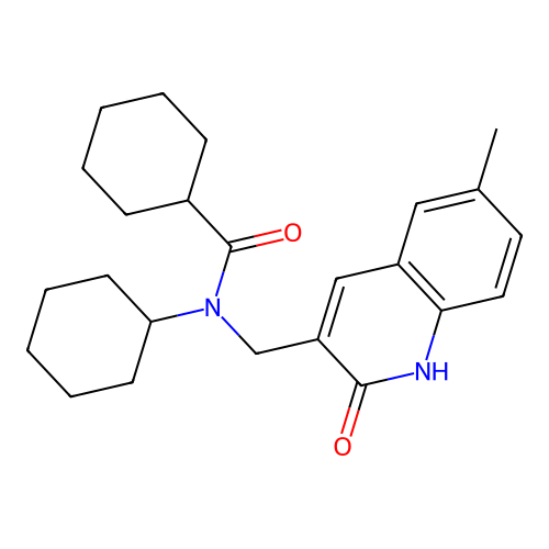 N-cyclohexyl-N-[(6-methyl-2-oxo-1H-quinolin-3-yl)methyl]cyclohexanecarboxamide structure