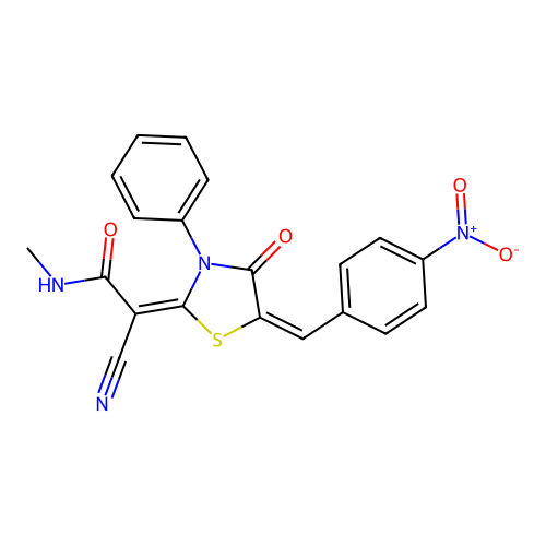 (2E)-2-cyano-N-methyl-2-[(5E)-5-[(4-nitrophenyl)methylidene]-4-oxo-3-phenyl-1,3-thiazolidin-2-ylidene]acetamide structure
