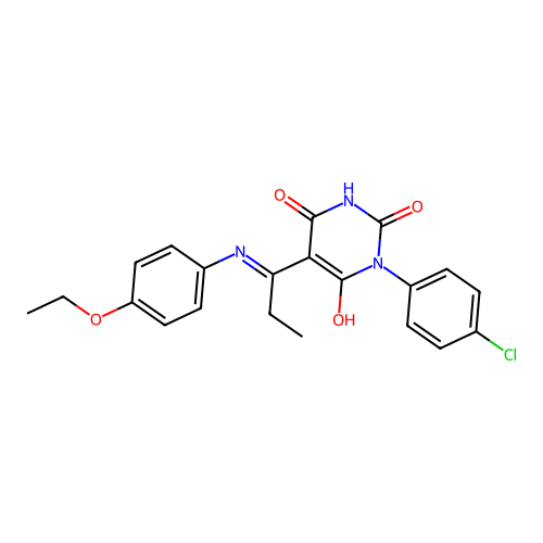 (E)-1-(4-chlorophenyl)-5-(1-((4-ethoxyphenyl)amino)propylidene)pyrimidine-2,4,6(1H,3H,5H)-trione structure