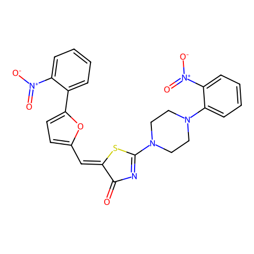 (5Z)-5-[[5-(2-nitrophenyl)furan-2-yl]methylidene]-2-[4-(2-nitrophenyl)piperazin-1-yl]-1,3-thiazol-4-one structure