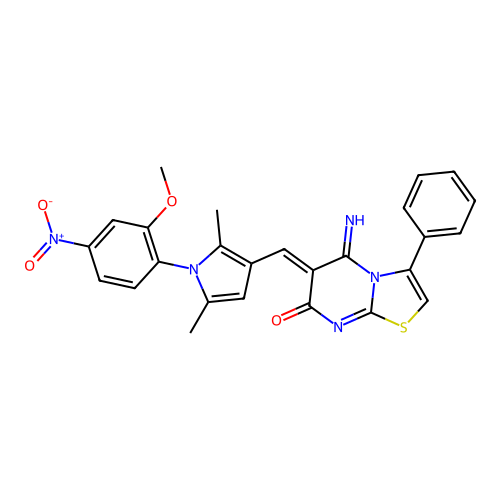 (6Z)-5-imino-6-[[1-(2-methoxy-4-nitrophenyl)-2,5-dimethylpyrrol-3-yl]methylidene]-3-phenyl-[1,3]thiazolo[3,2-a]pyrimidin-7-one structure