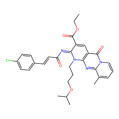(Z)-ethyl 2-(((E)-3-(4-chlorophenyl)acryloyl)imino)-1-(3-isopropoxypropyl)-10-methyl-5-oxo-2,5-dihydro-1H-dipyrido[1,2-a:2',3'-d]pyrimidine-3-carboxylate structure