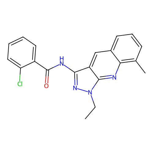 2-chloro-N-(1-ethyl-8-methylpyrazolo[3,4-b]quinolin-3-yl)benzamide structure
