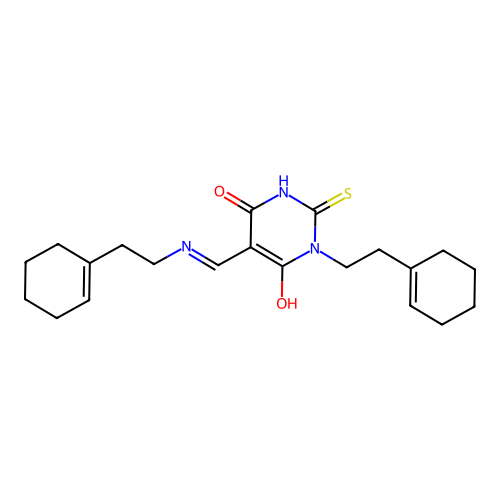(5E)-1-[2-(cyclohex-1-en-1-yl)ethyl]-5-({[2-(cyclohex-1-en-1-yl)ethyl]amino}methylidene)-2-sulfanylpyrimidine-4,6(1H,5H)-dione structure