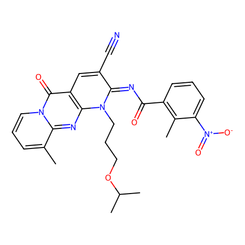 (E)-N-(3-cyano-1-(3-isopropoxypropyl)-10-methyl-5-oxo-1H-dipyrido[1,2-a:2',3'-d]pyrimidin-2(5H)-ylidene)-2-methyl-3-nitrobenzamide structure