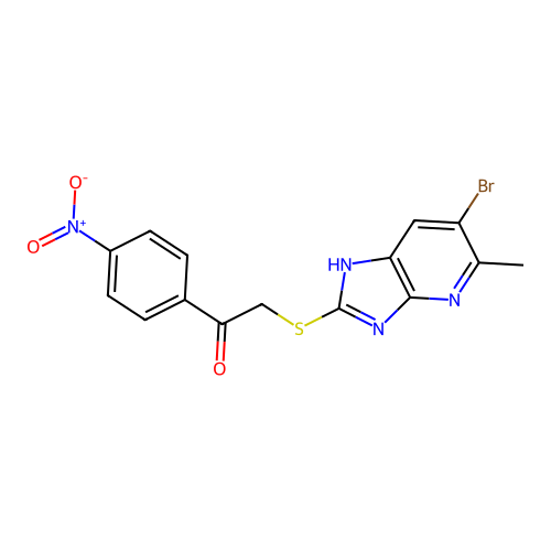 2-((6-bromo-5-methyl-3H-imidazo[4,5-b]pyridin-2-yl)thio)-1-(4-nitrophenyl)ethanone structure