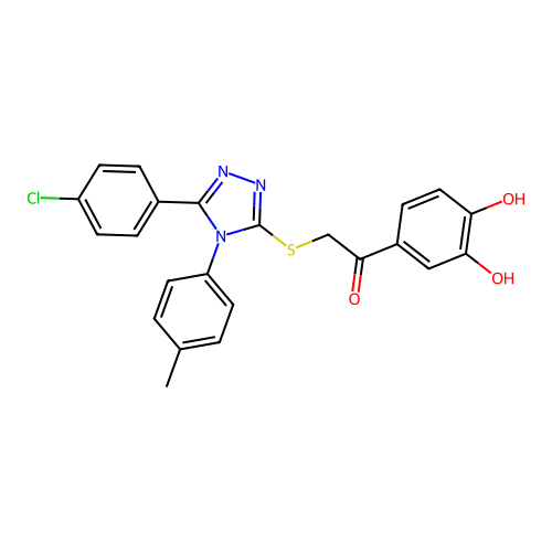 1-(3,4-dihydroxyphenyl)-2-[5-(4-chlorophenyl)-4-(4-methylphenyl)(1,2,4-triazol -3-ylthio)]ethan-1-one structure