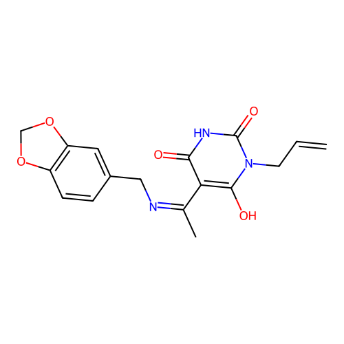 (5E)-5-[1-(1,3-benzodioxol-5-ylmethylamino)ethylidene]-1-prop-2-enyl-1,3-diazinane-2,4,6-trione structure