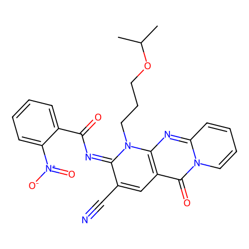 (E)-N-(3-cyano-1-(3-isopropoxypropyl)-5-oxo-1H-dipyrido[1,2-a:2',3'-d]pyrimidin-2(5H)-ylidene)-2-nitrobenzamide structure