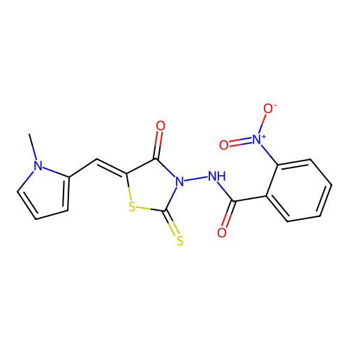 (Z)-N-(5-((1-methyl-1H-pyrrol-2-yl)methylene)-4-oxo-2-thioxothiazolidin-3-yl)-2-nitrobenzamide structure