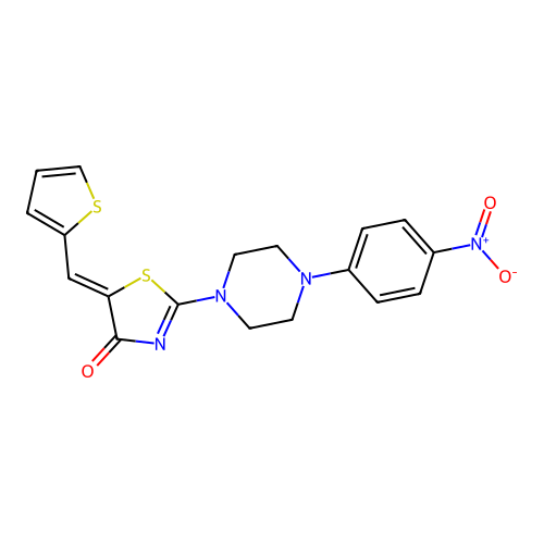 (5Z)-2-[4-(4-nitrophenyl)piperazin-1-yl]-5-(thiophen-2-ylmethylidene)-1,3-thiazol-4-one structure