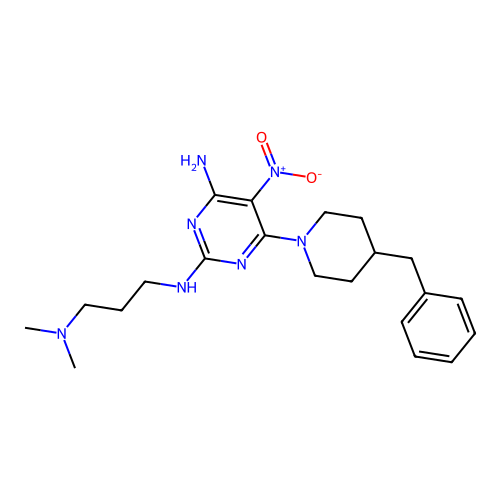6-(4-benzyl-1-piperidyl)-N-(3-dimethylaminopropyl)-5-nitro-pyrimidine-2,4-diamine structure