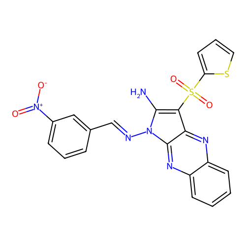 (E)-N1-(3-nitrobenzylidene)-3-(thiophen-2-ylsulfonyl)-1H-pyrrolo[2,3-b]quinoxaline-1,2-diamine structure
